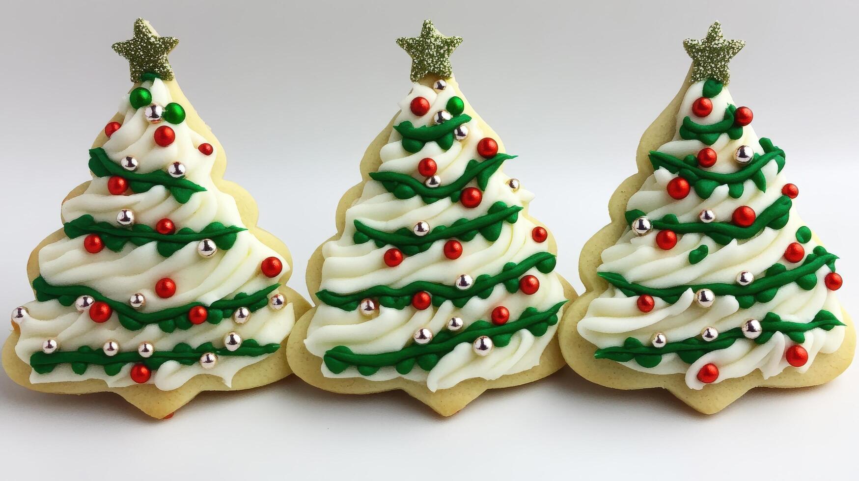 Festive Christmas tree-shaped cookies with decorative frosting. photo