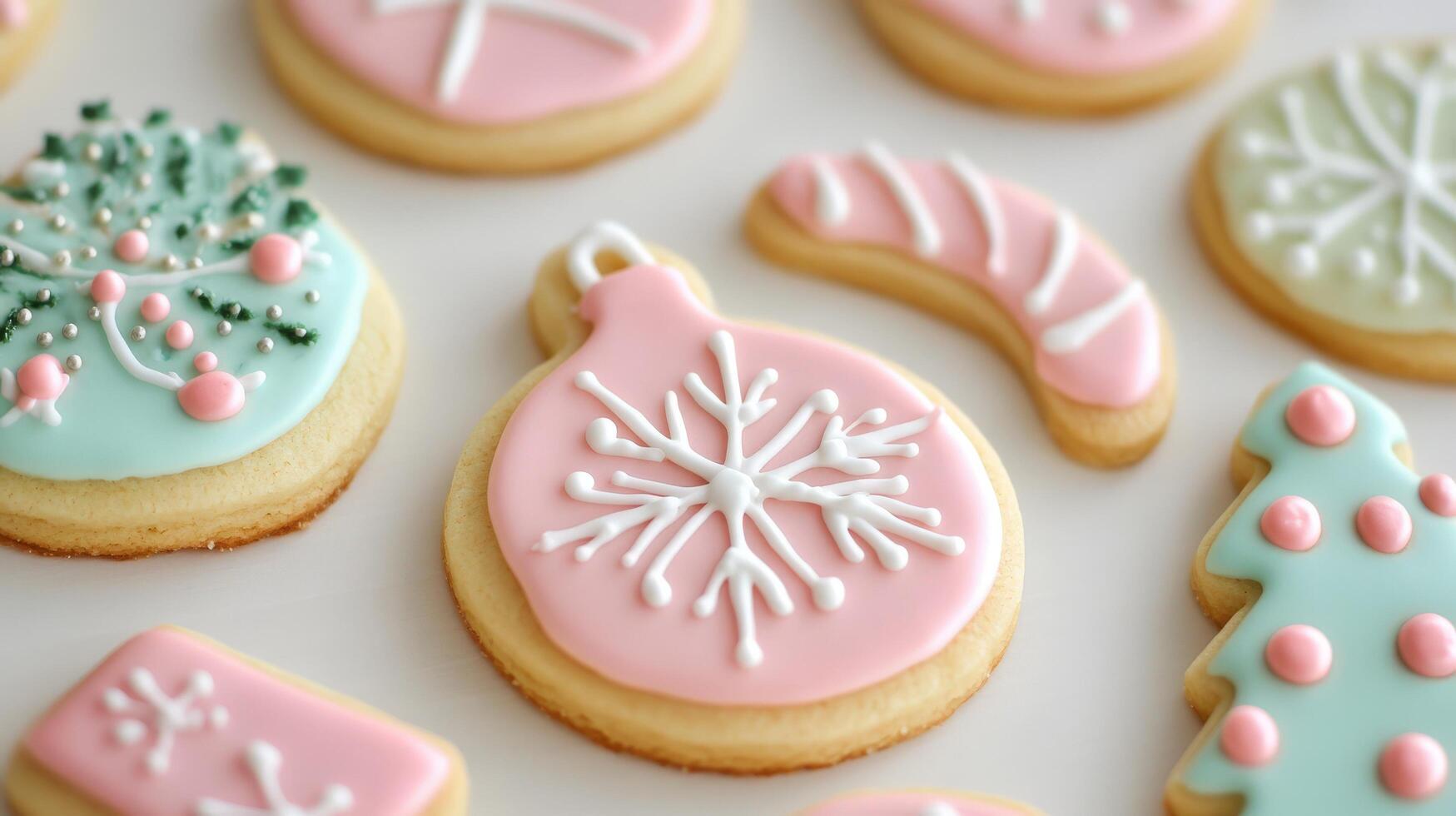 Festive, decorated Christmas cookies arranged on a surface. photo