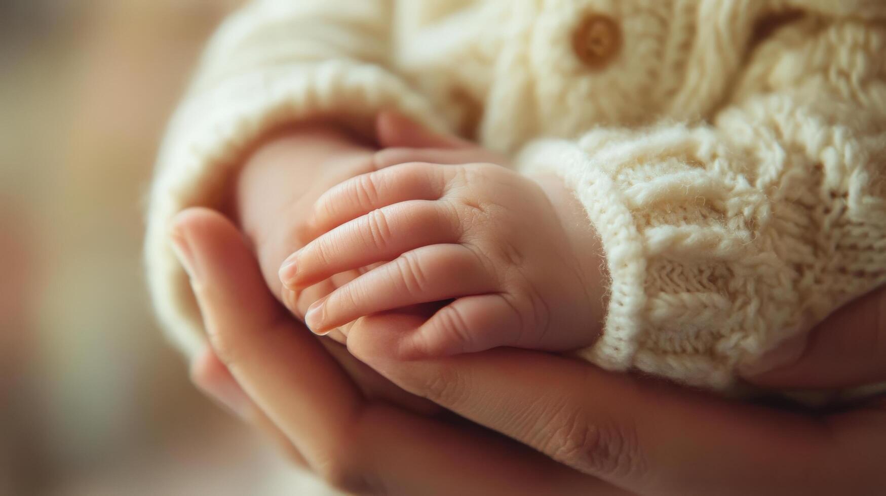 Tender infant hands cradled in loving arms. photo