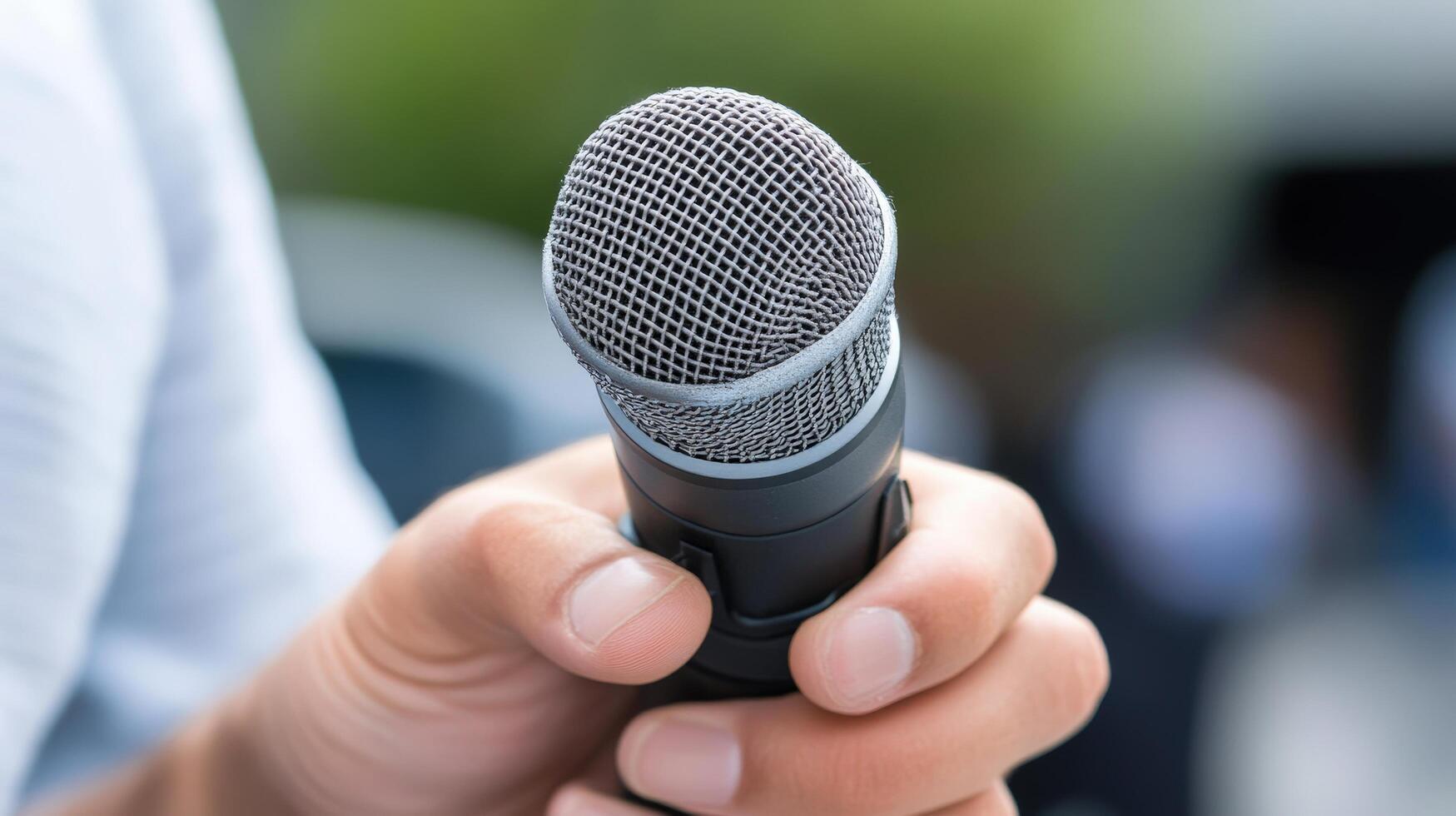 Close-up of a person's hand holding a microphone. photo