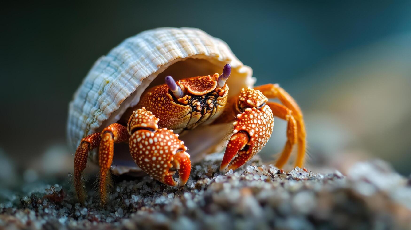 Close-up of a hermit crab inside its shell on a rocky surface. photo