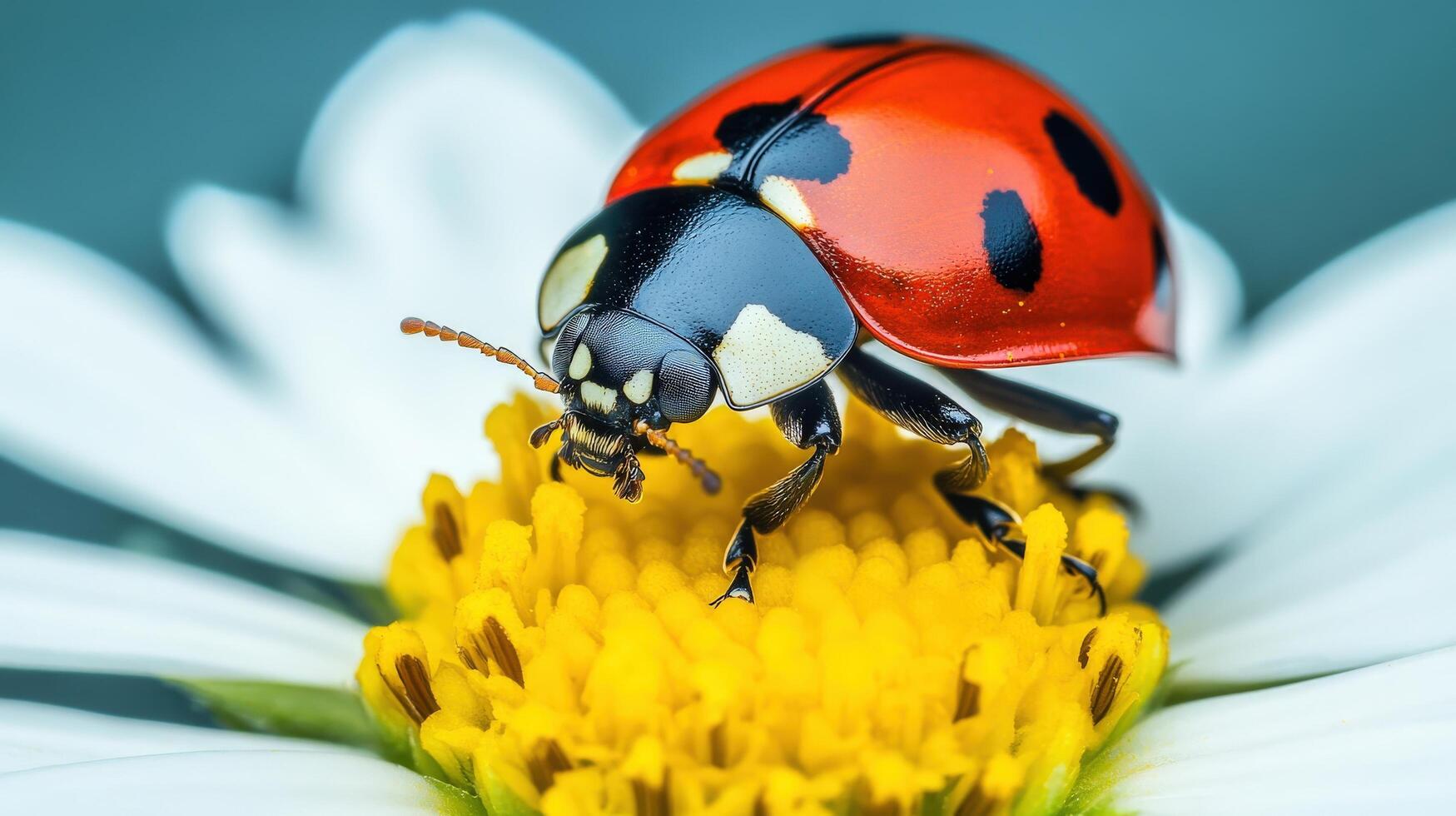 Close-up view of a ladybug on a daisy blossom. photo