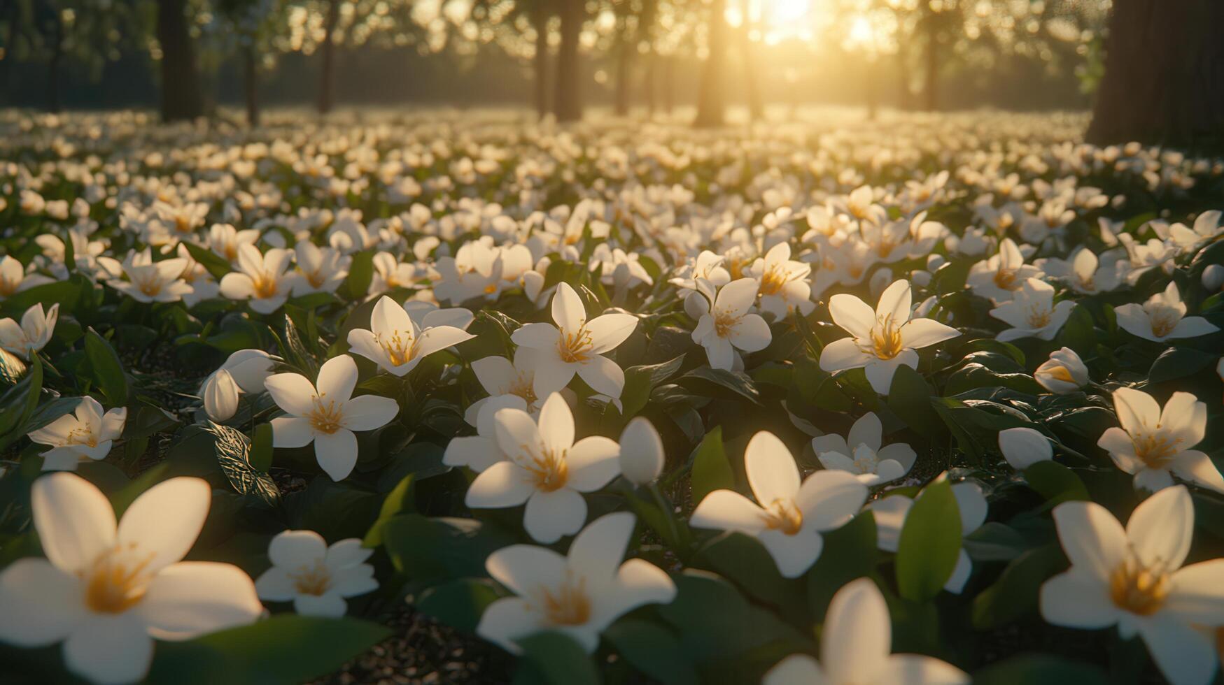 Dense field of small white flowers bathed in morning sunlight. photo
