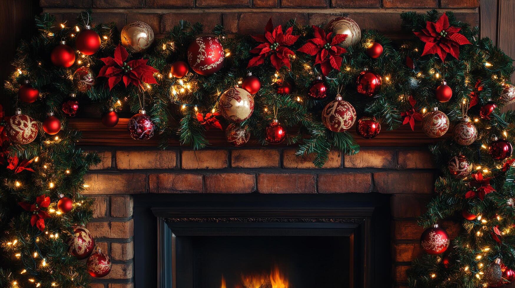 Festive Christmas decorations adorning a brick fireplace mantel. photo