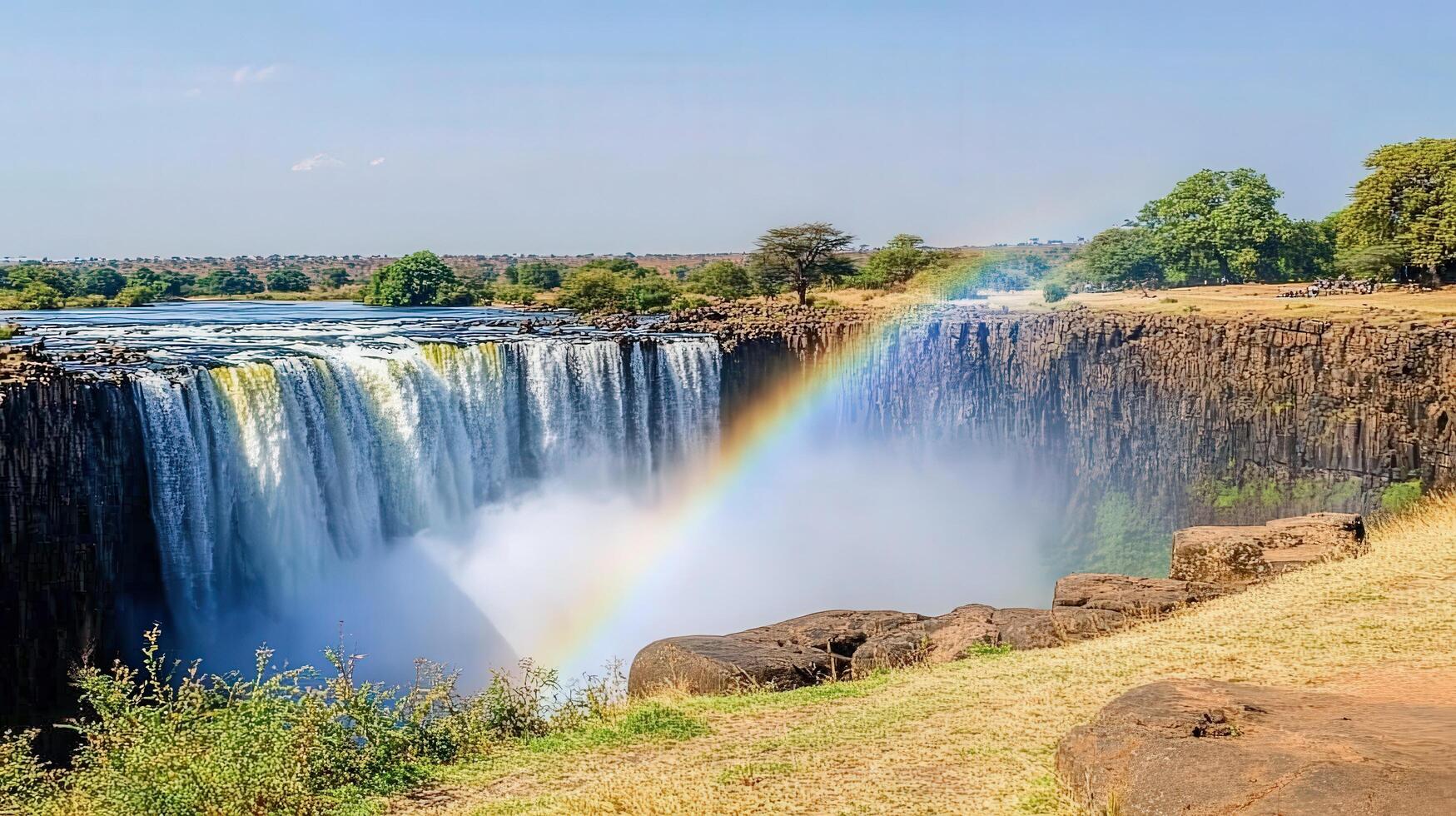 Majestic waterfall scene with vibrant rainbow arc. photo