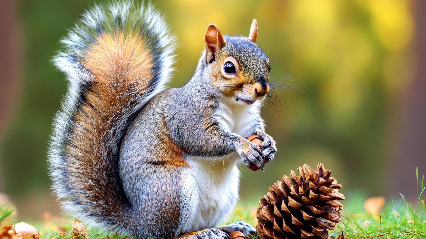 Close-up view of a fluffy gray squirrel holding a nut. photo