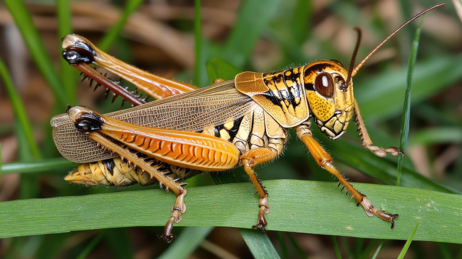 Close-up view of a grasshopper resting on blades of grass. photo