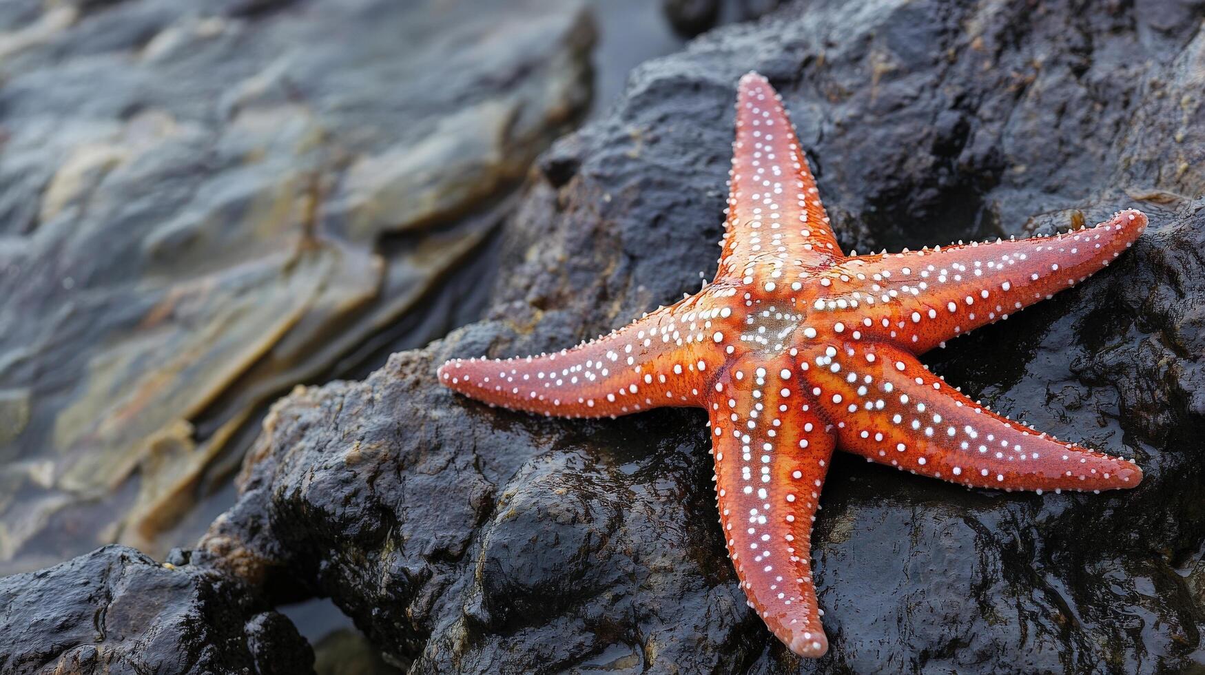 Close-up view of a vibrant orange starfish on a dark rock. photo