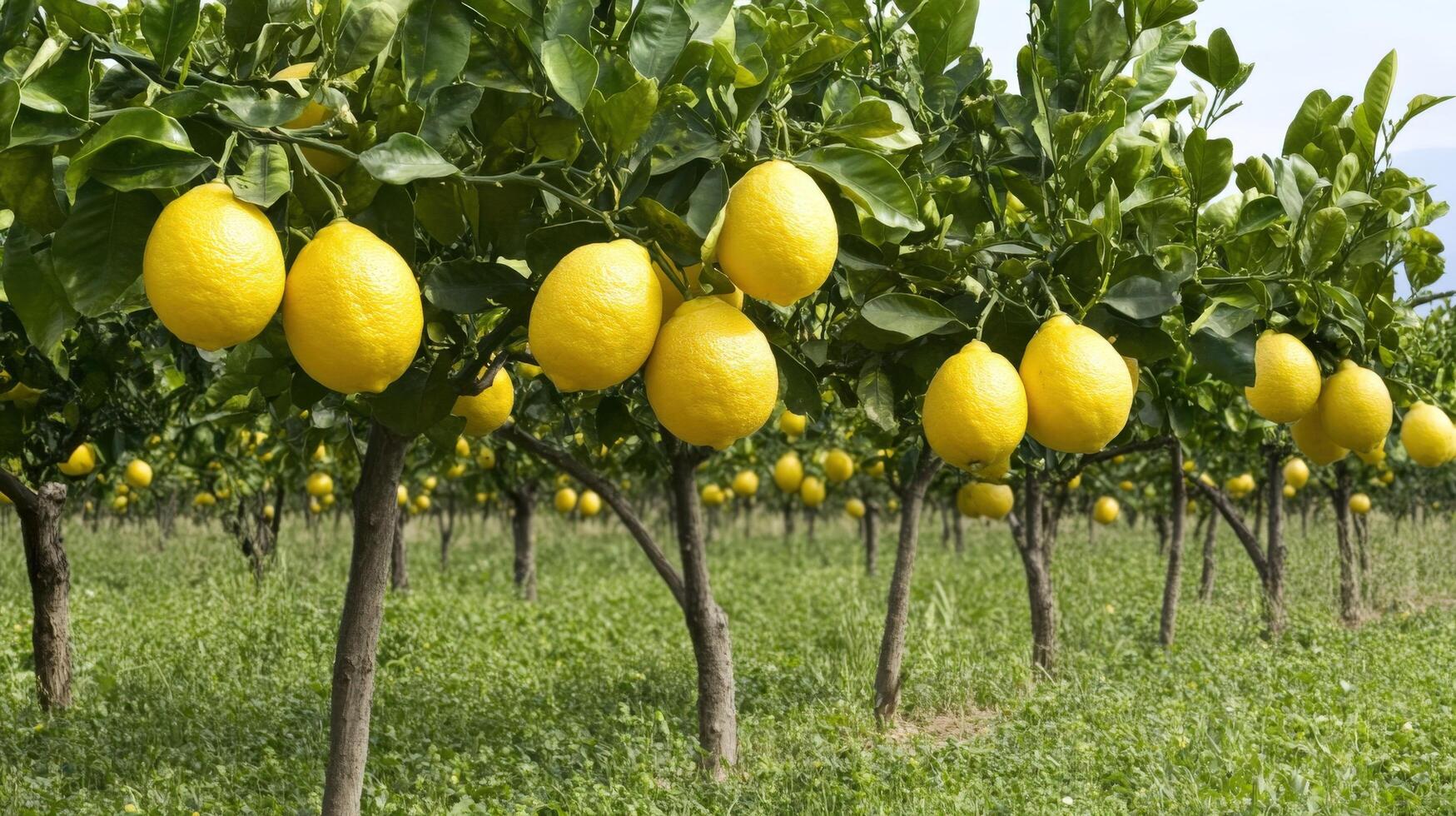 Lush citrus grove with ripe yellow lemons. photo