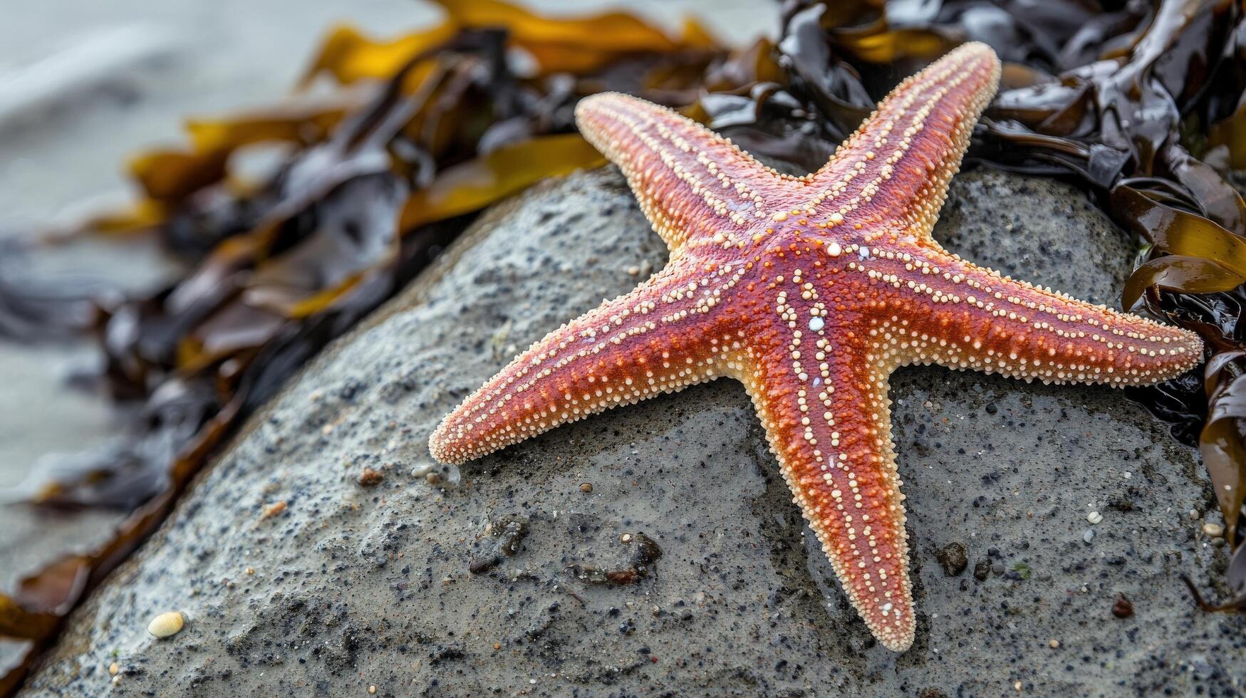 Close-up view of a vibrant starfish resting on a gray rock. photo