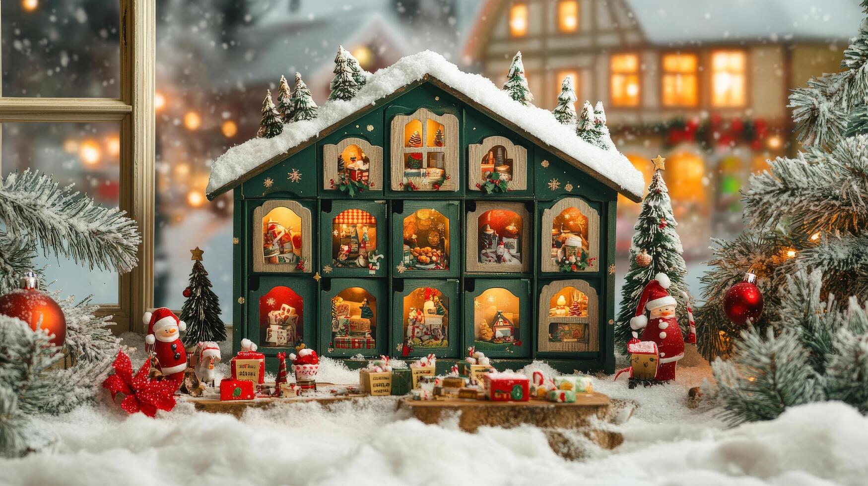 Winter wonderland scene with charming advent calendar. photo