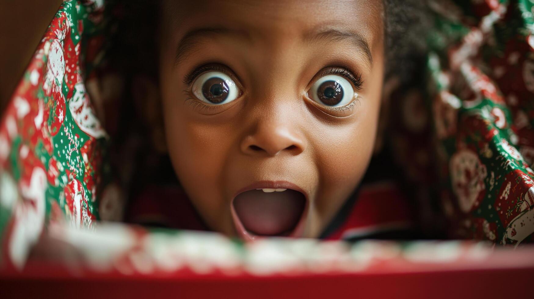 A child's surprised expression peeking from a holiday present. photo