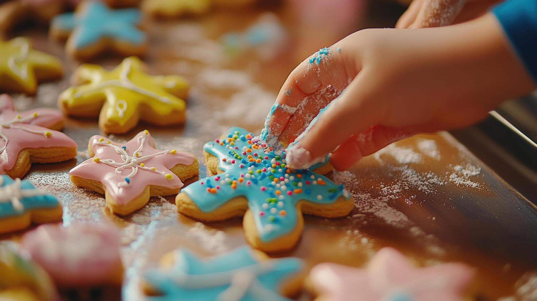 Child's hands decorate frosted cookies on a baking sheet. photo