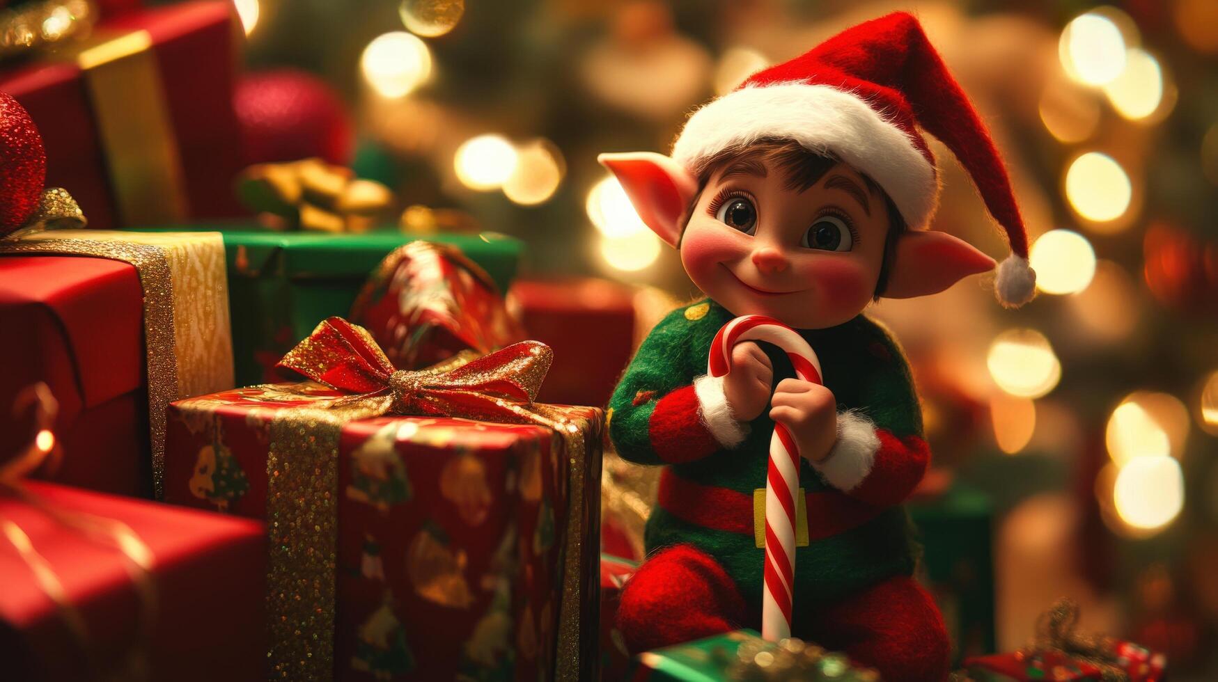 Festive elf figurine surrounded by holiday presents. photo