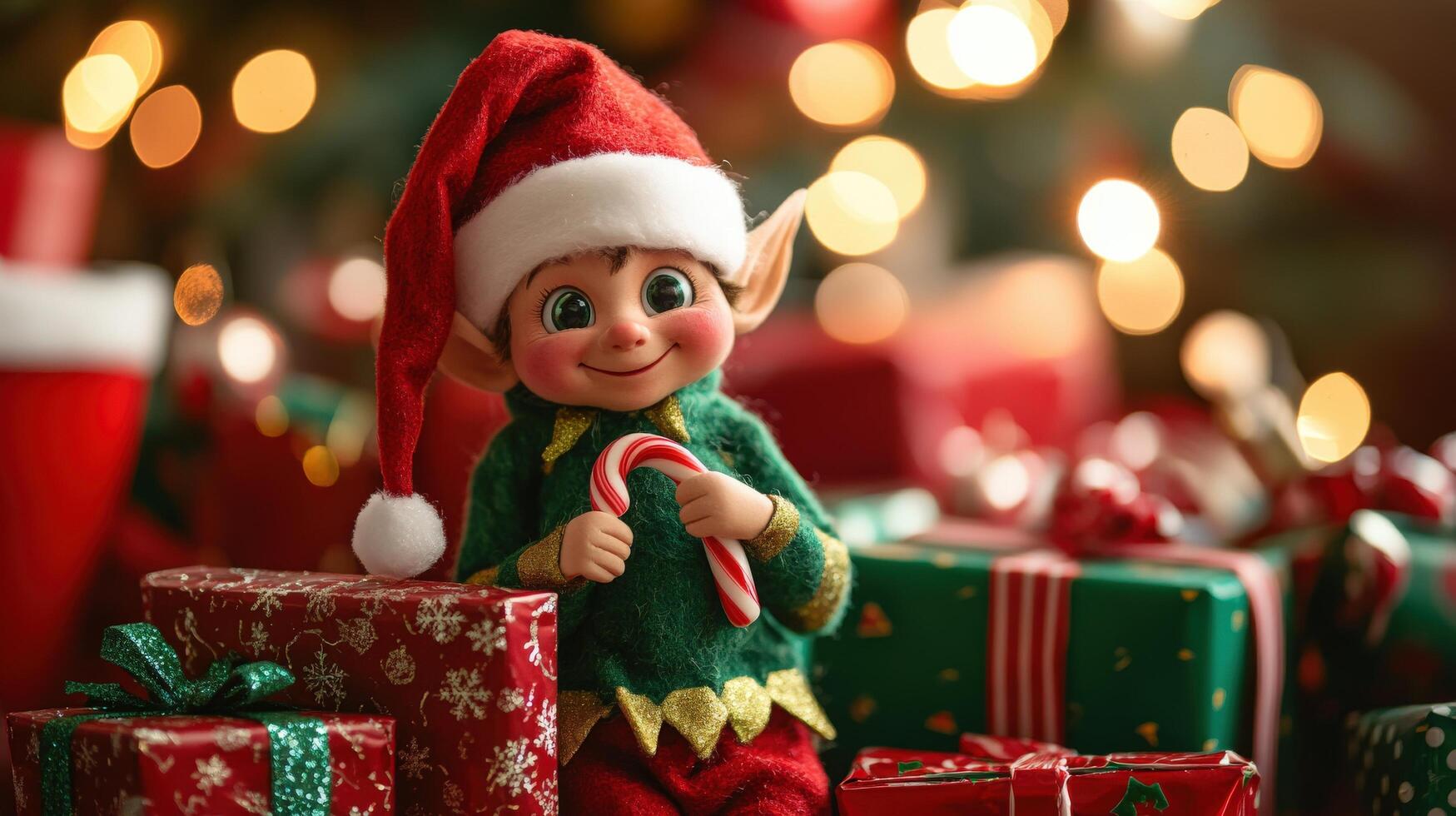 Festive figurine of a christmas elf surrounded by presents. photo