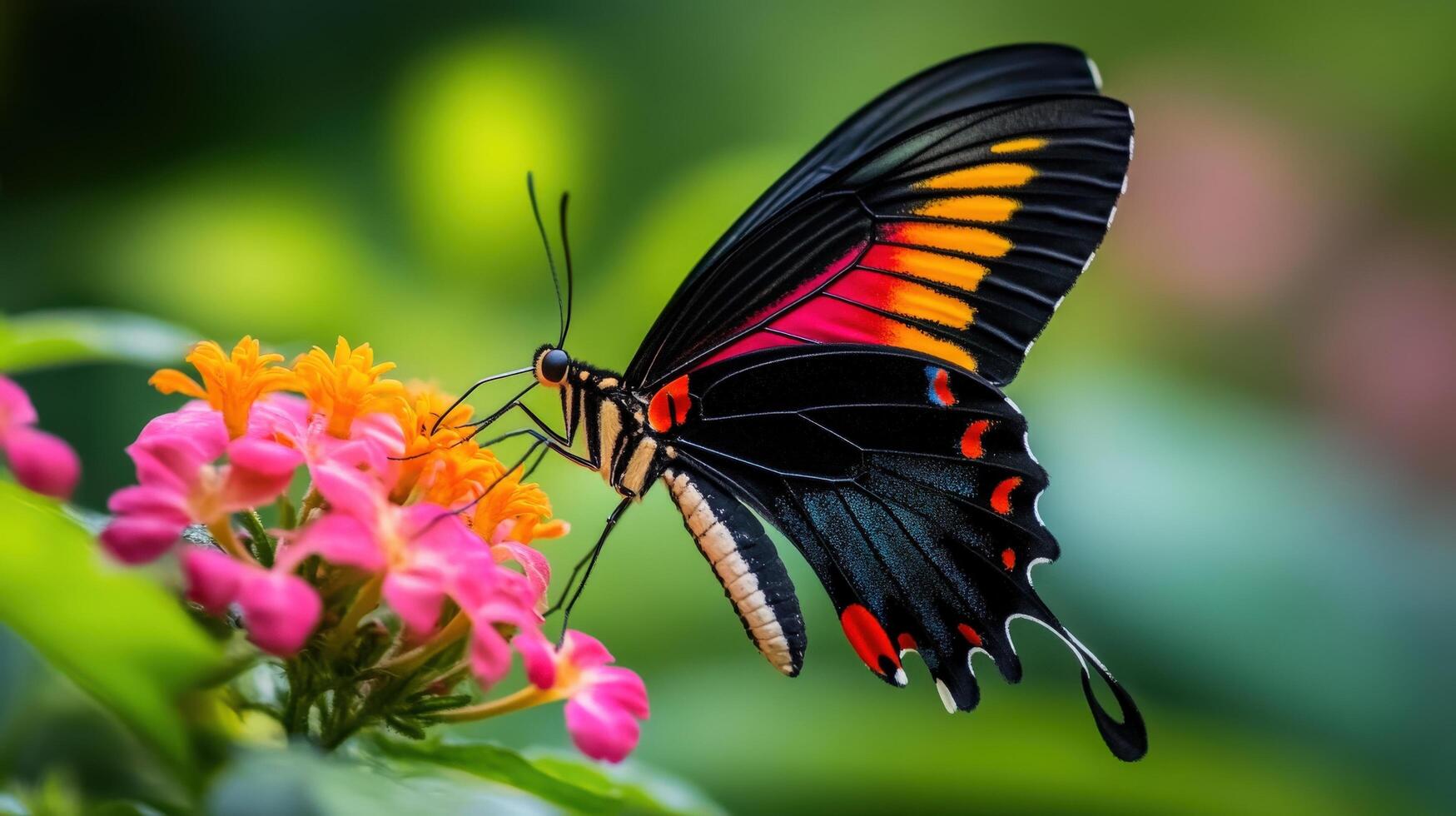 Vibrant butterfly feeding on a cluster of flowers. photo