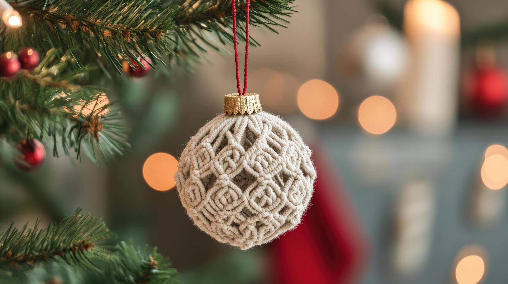 Handmade, knotted ornament hanging on Christmas tree. photo