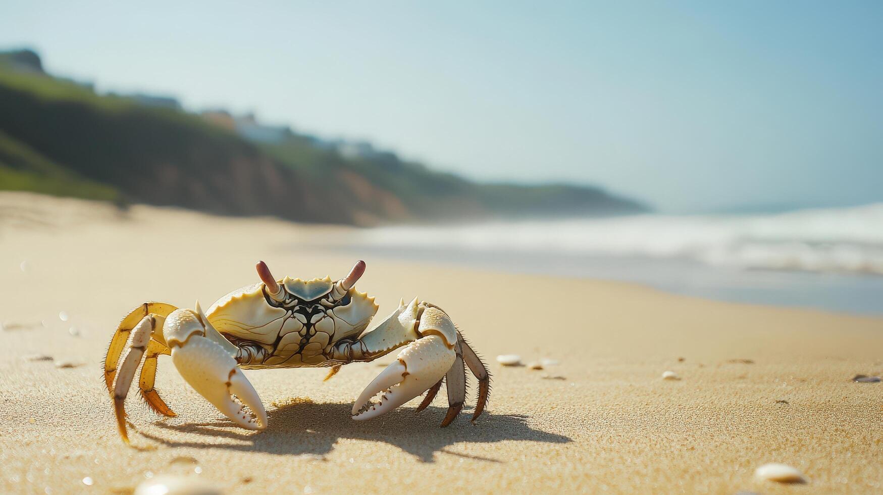 Close-up of a crab on a sandy beach at the shoreline. photo
