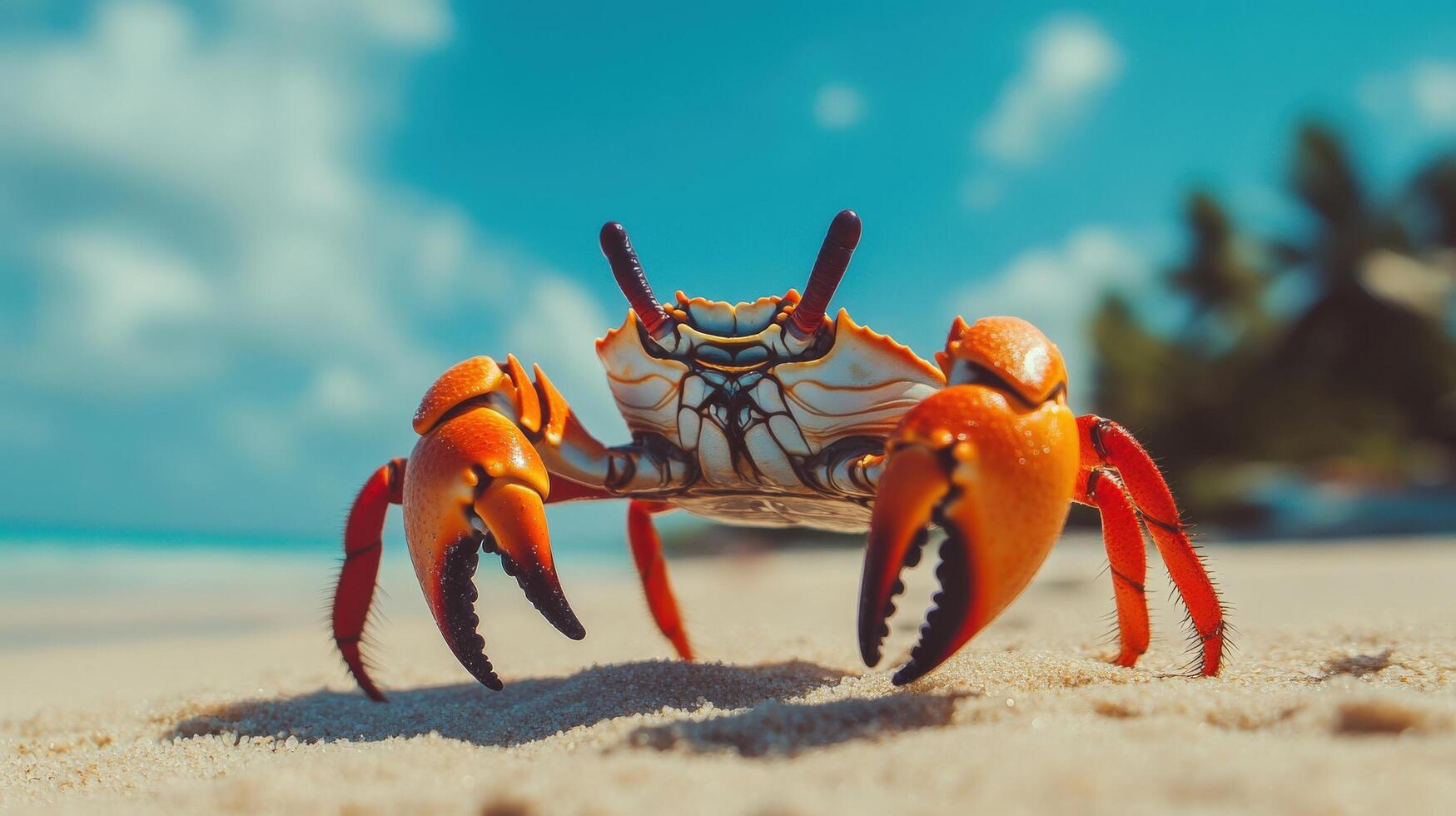 Vibrant crab on a tropical beach shore. photo