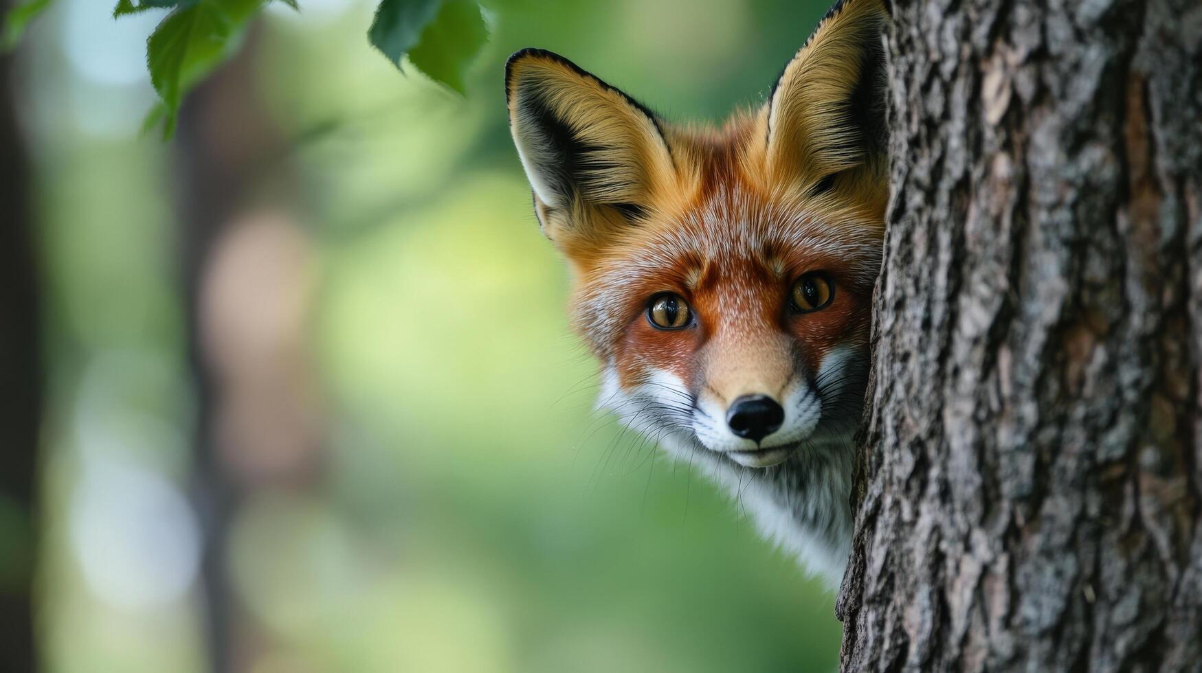 Curious red fox peeking from behind a tree trunk. photo