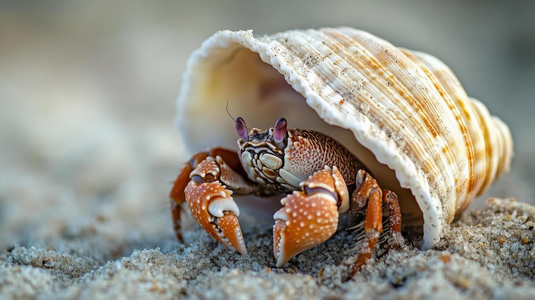 Tiny hermit crab inside a seashell on sand. photo