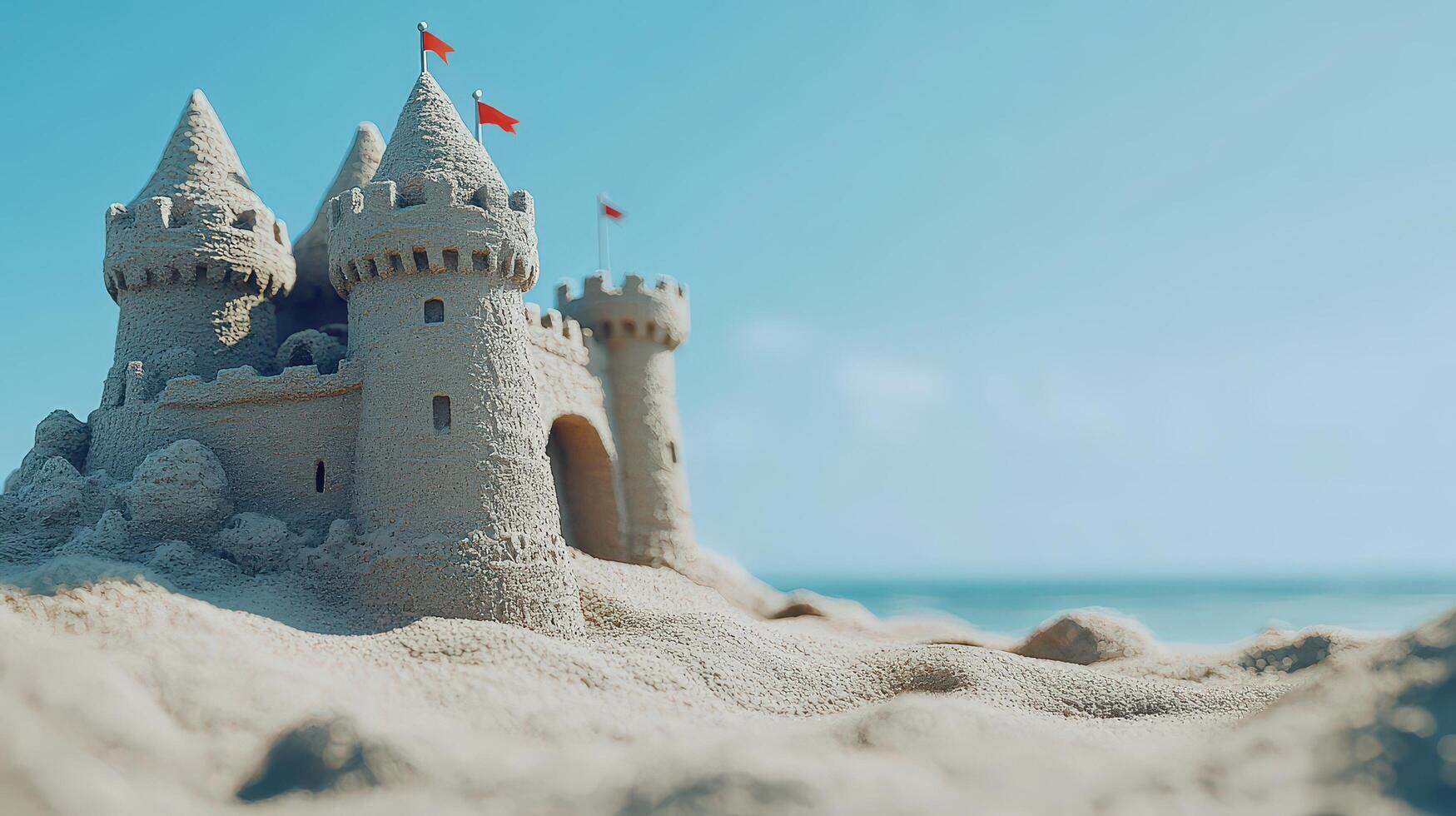 A detailed depiction of a magnificent sandy castle on a beach. photo