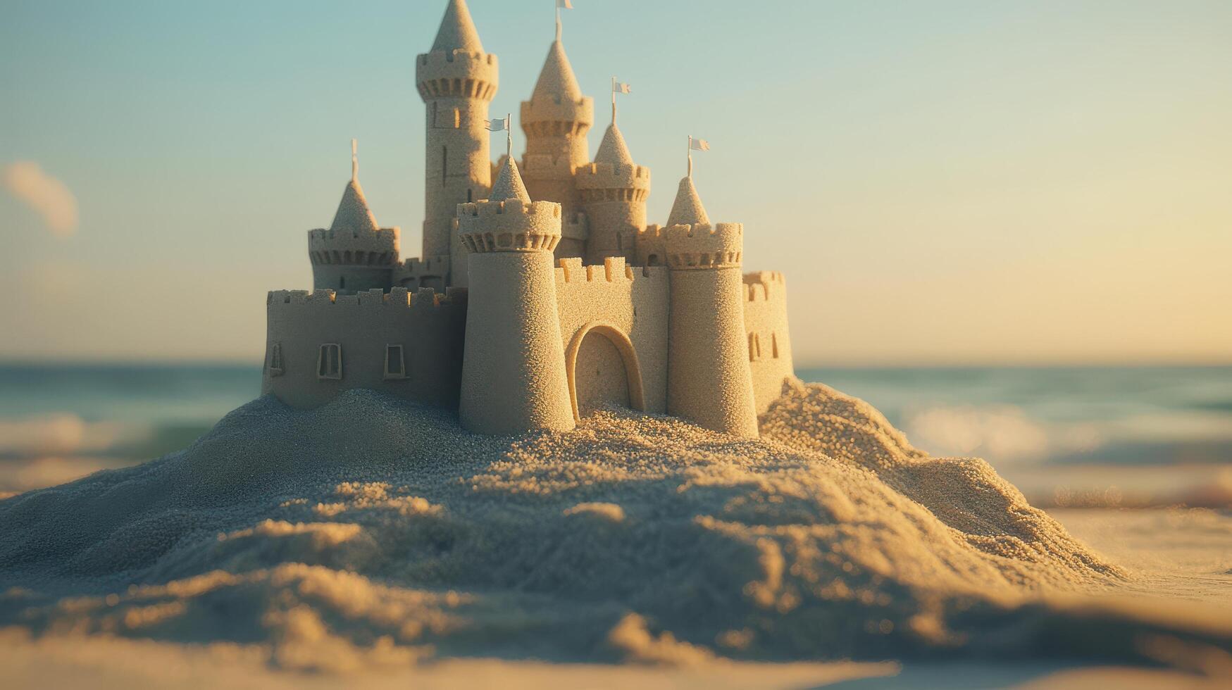 Scenic coastal sandcastle at sunset. photo