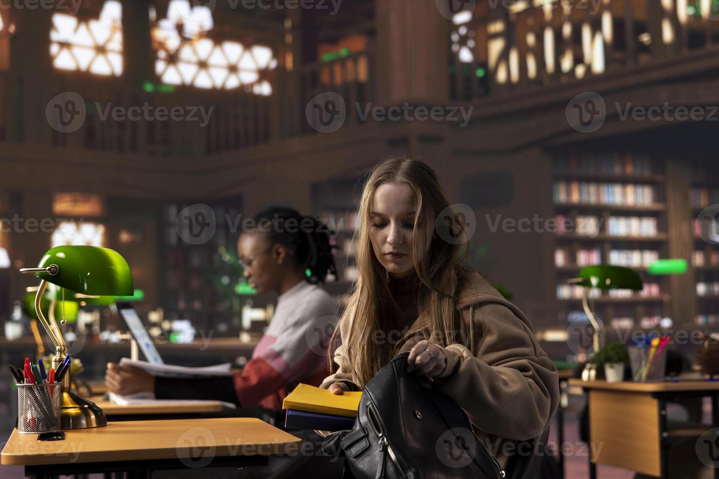 College student borrowing some books to study for upcoming exams from the university campus library, does research for a school assignment. Young girl with dedication does self learning. photo