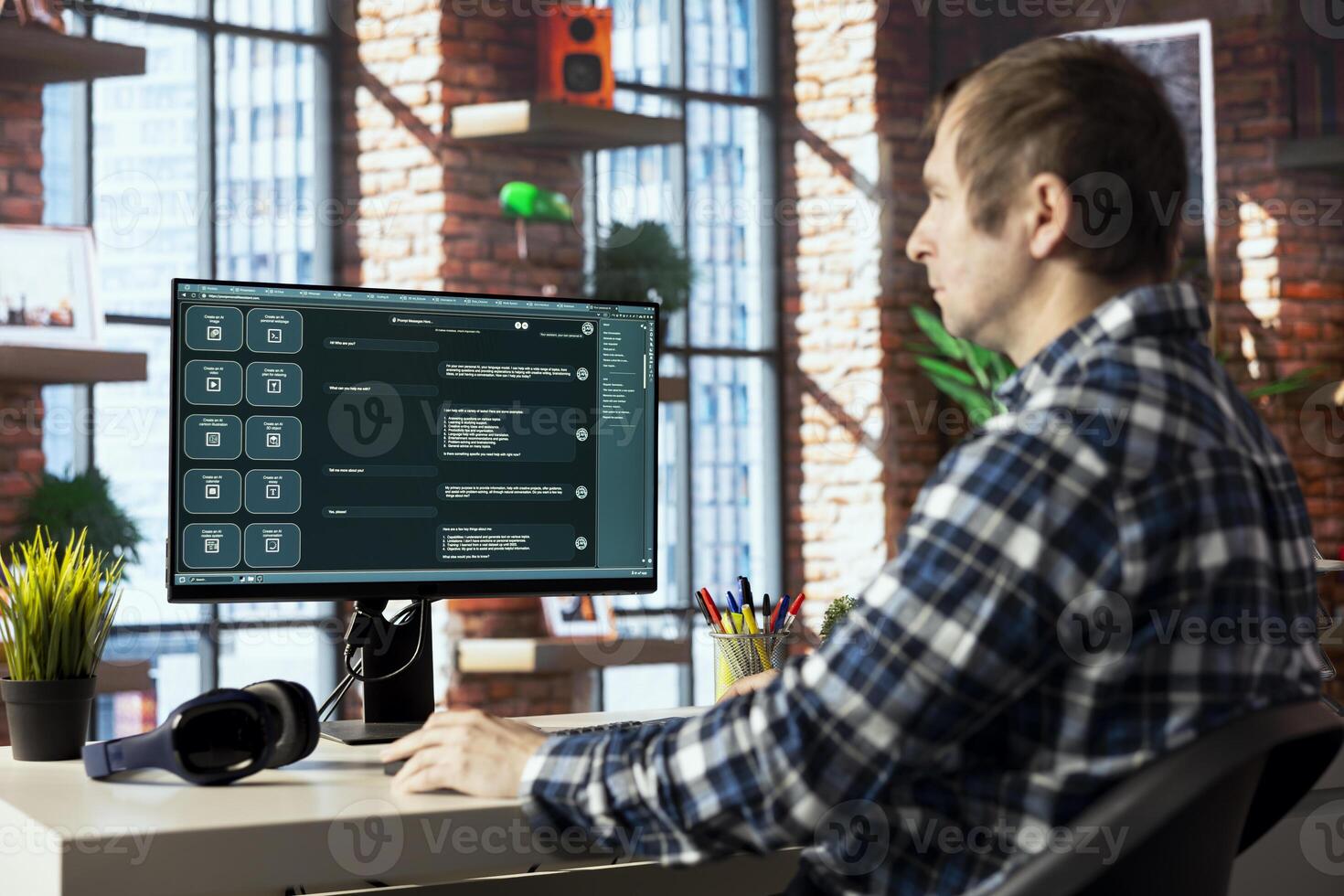Content creator employing artificial intelligence GPT trained on vast amounts of textual data to understand and produce natural sounding human language. Remote employee using LLM powered chatbot photo