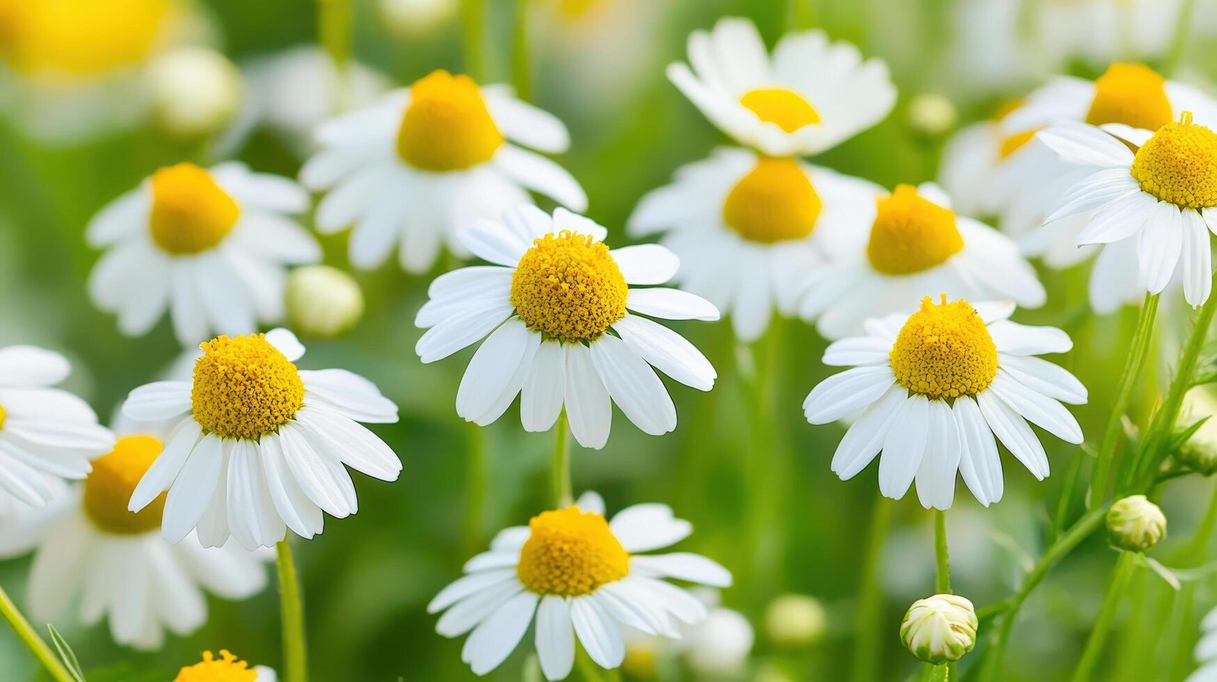 Close-up view of numerous chamomile blossoms in a field. photo