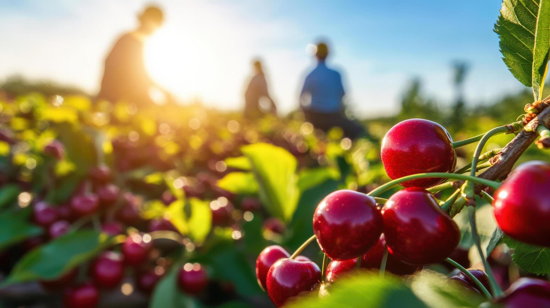 Ripe cherries cluster on branches in sunlit orchard. photo