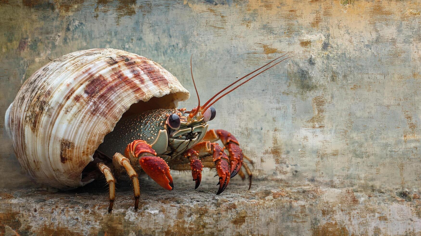 Close-up of a hermit crab nestled within a seashell. photo
