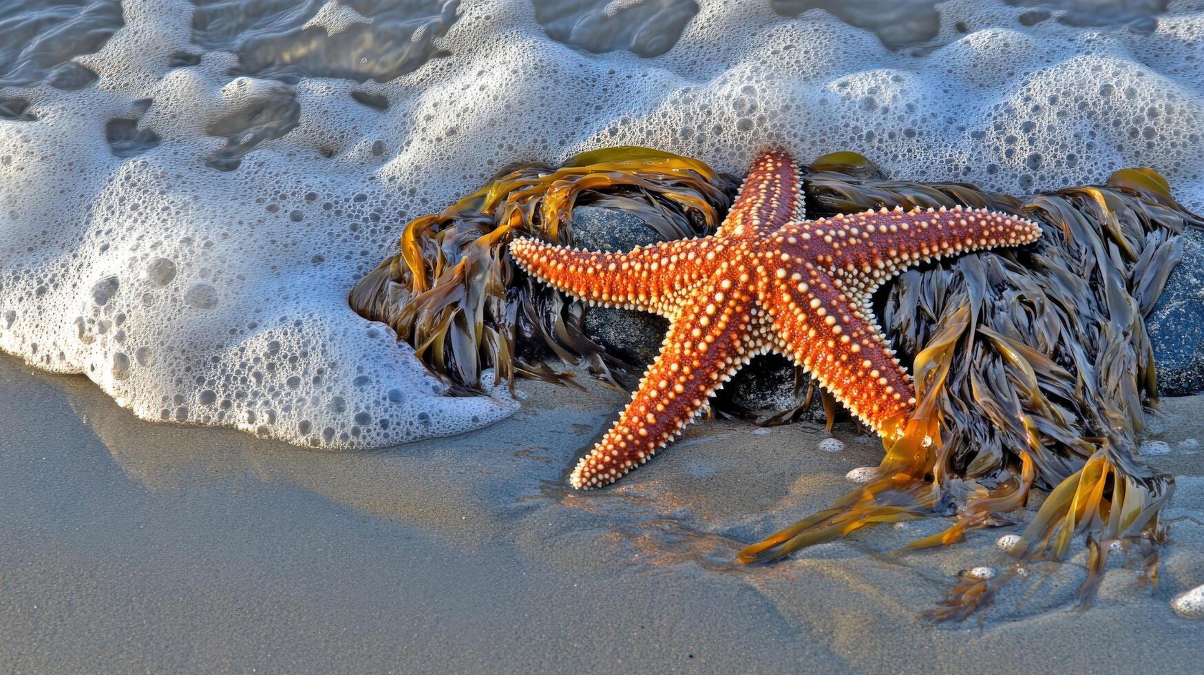 Coastal seascape featuring a starfish and seaweed. photo