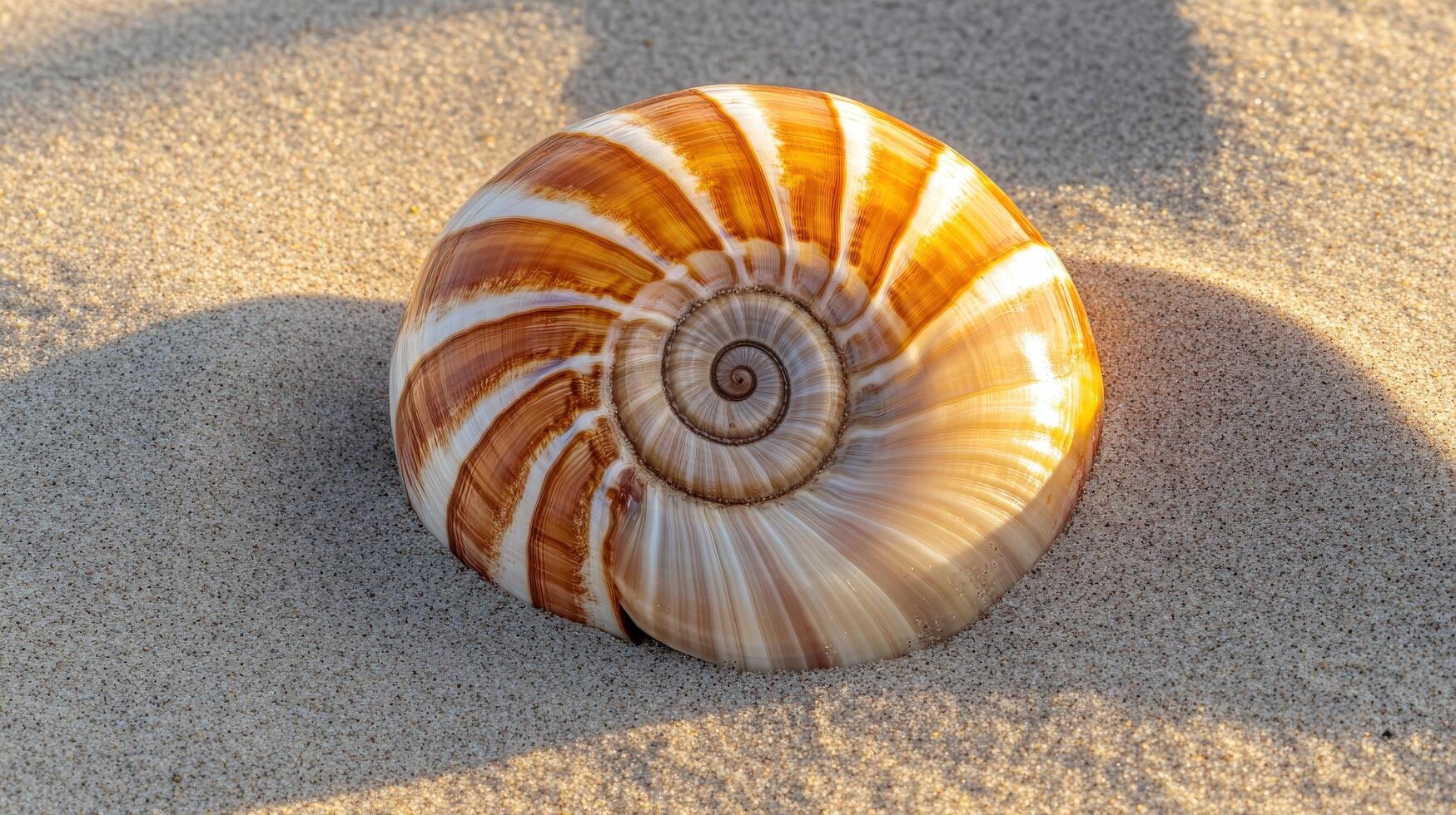 Close-up view of a spiral seashell nestled in the sand. photo
