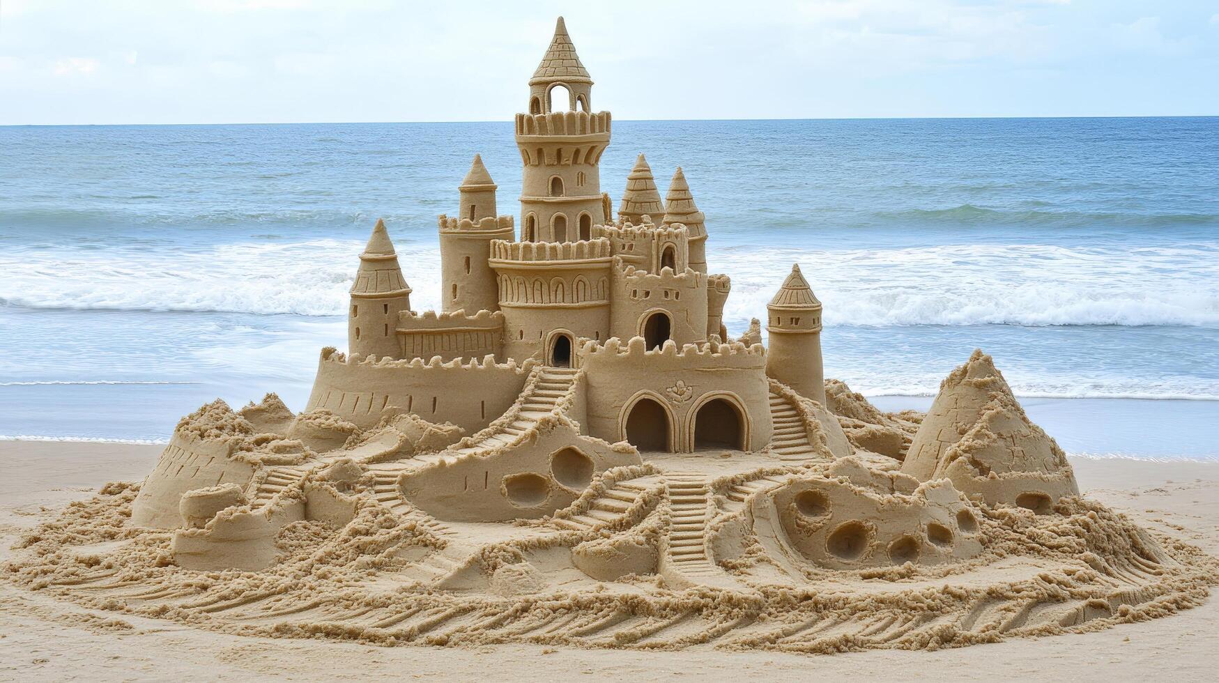 Majestic sandcastle creation on a sunny beach. photo