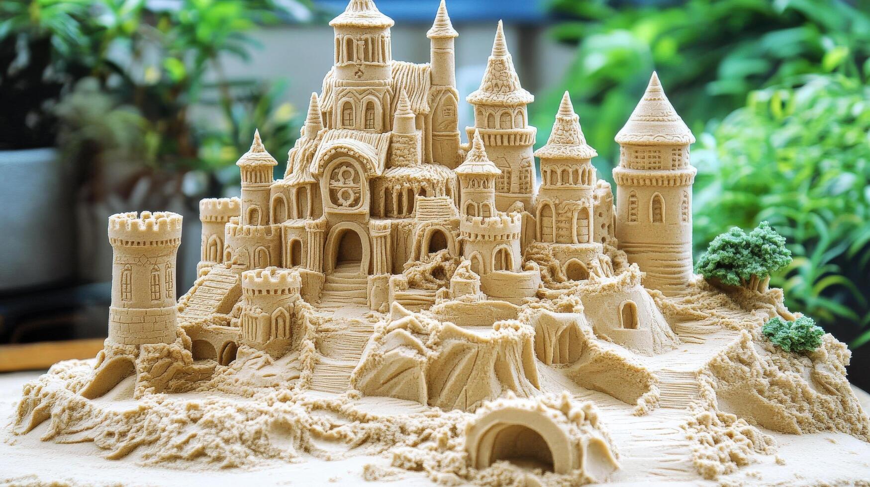 Detailed sandcastle structure, intricate design, impressive fort. photo