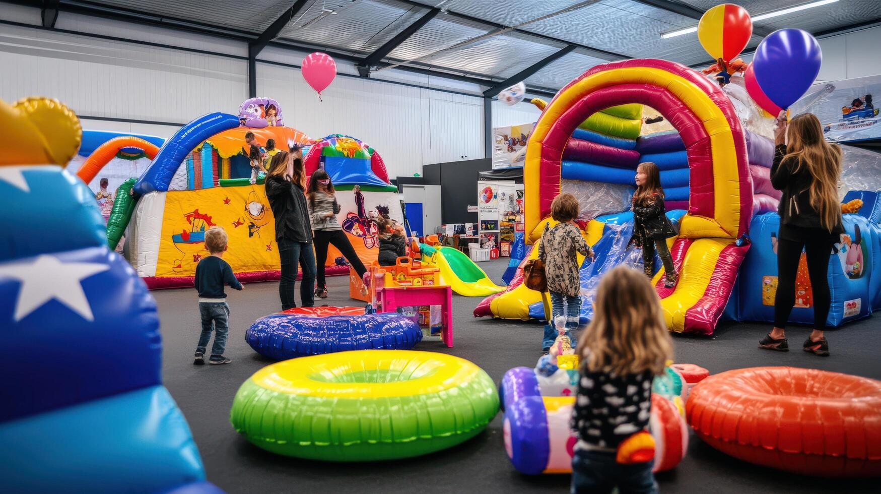 Indoor play area filled with colorful inflatable structures. photo