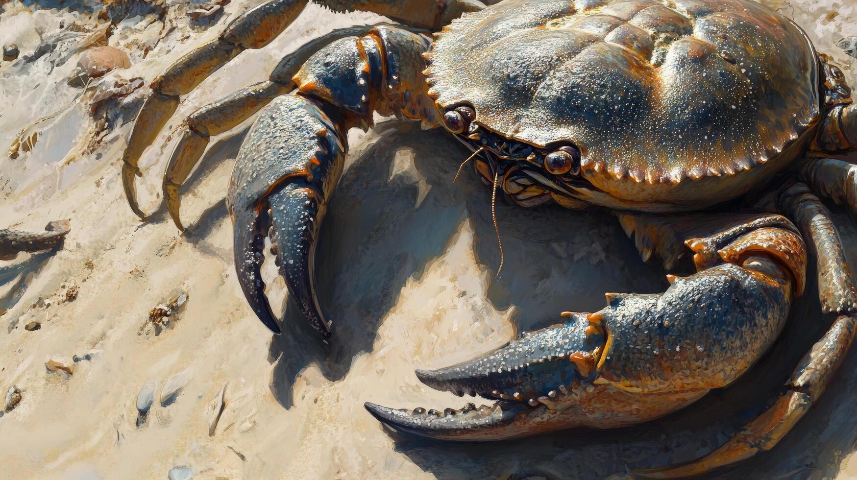 Large crab resting on sandy shore, showcasing powerful claws. photo