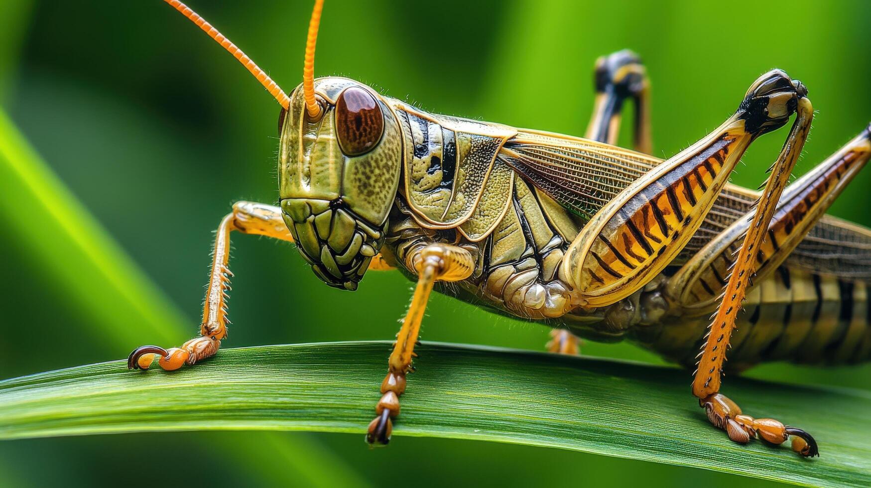 A grasshopper is sitting on a green blade photo
