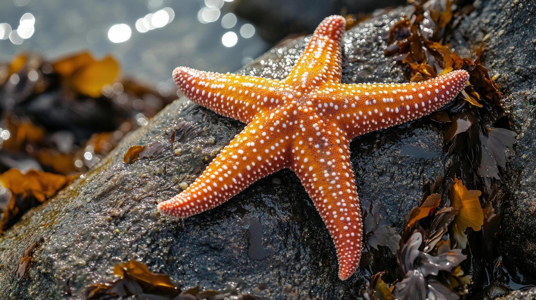 Vibrant orange starfish resting on a dark rock. photo