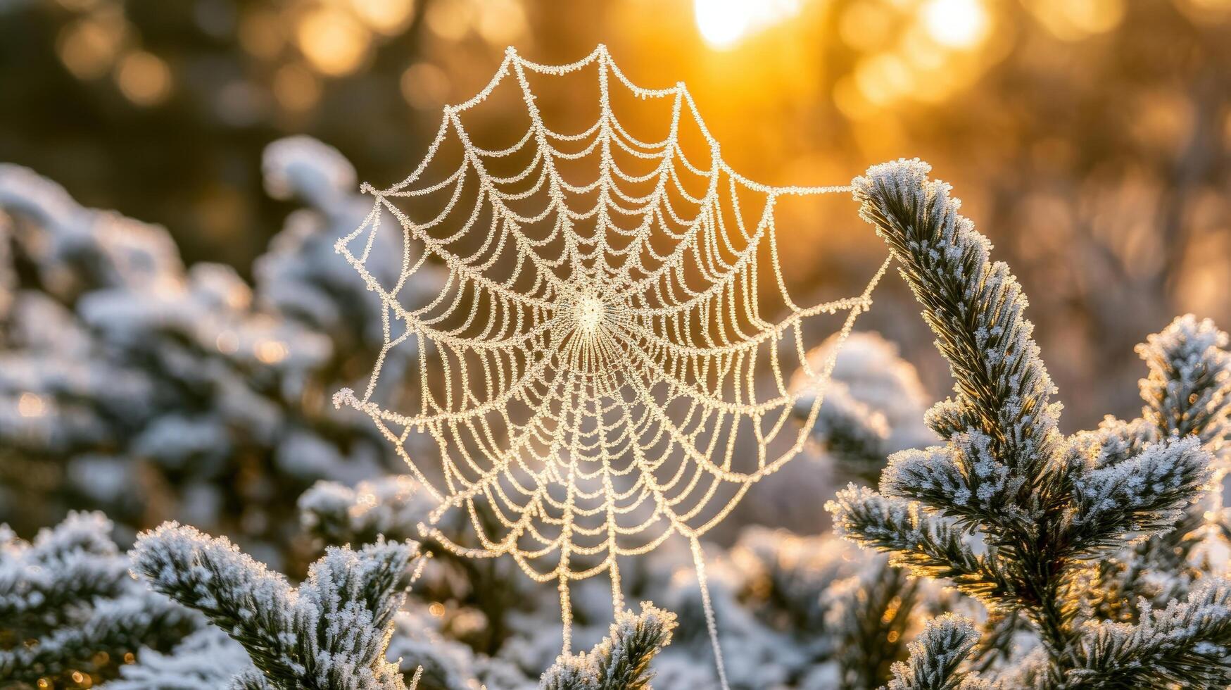 Frozen spiderweb glistening in the morning sun. photo