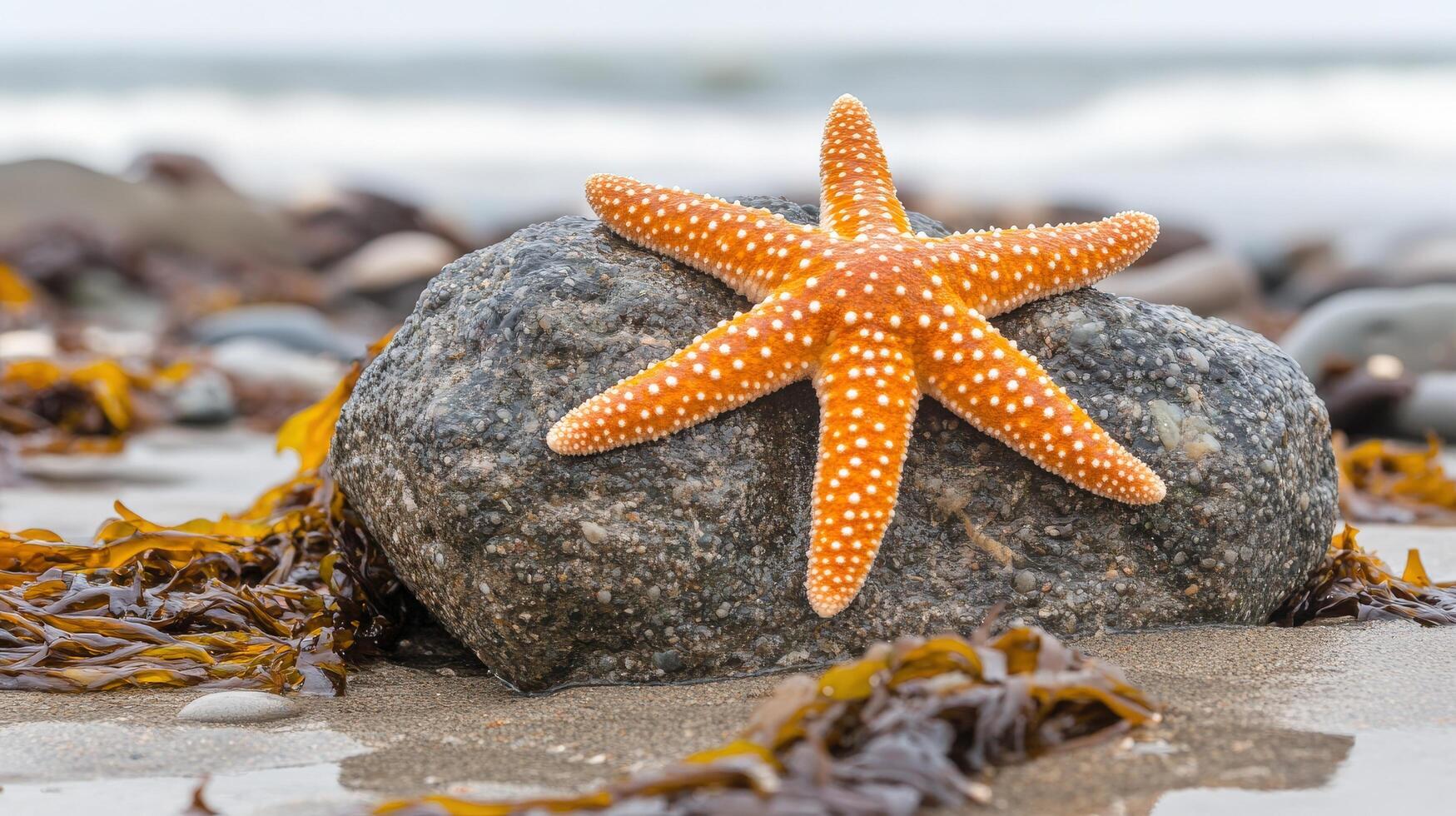 Closeup of a starfish resting on a grey rock by the ocean. photo