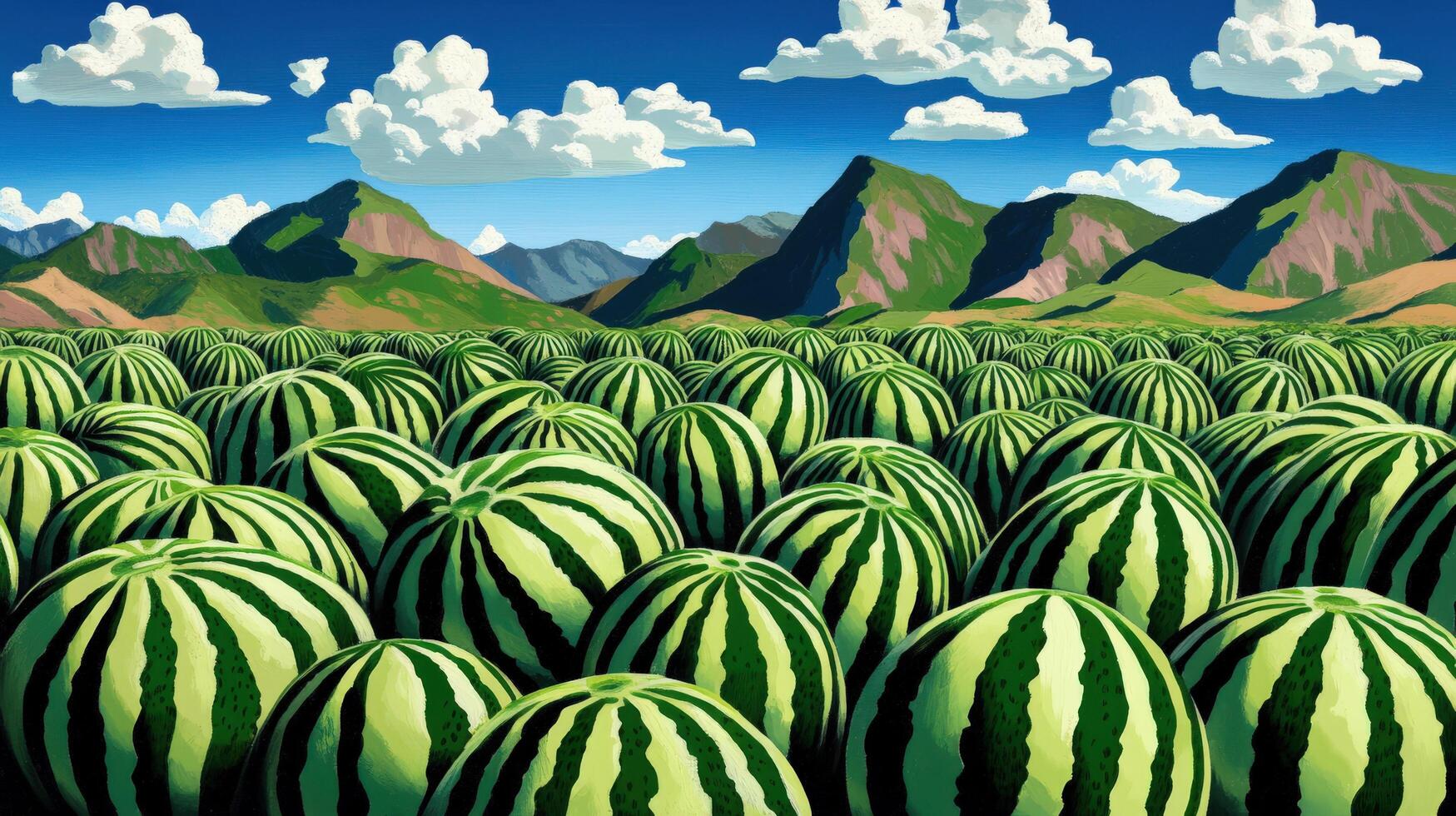 A vibrant landscape of numerous watermelon hills under a vast sky. photo