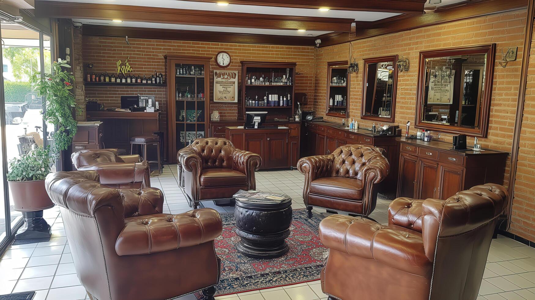 Interior view of a stylish, traditional barber shop. photo