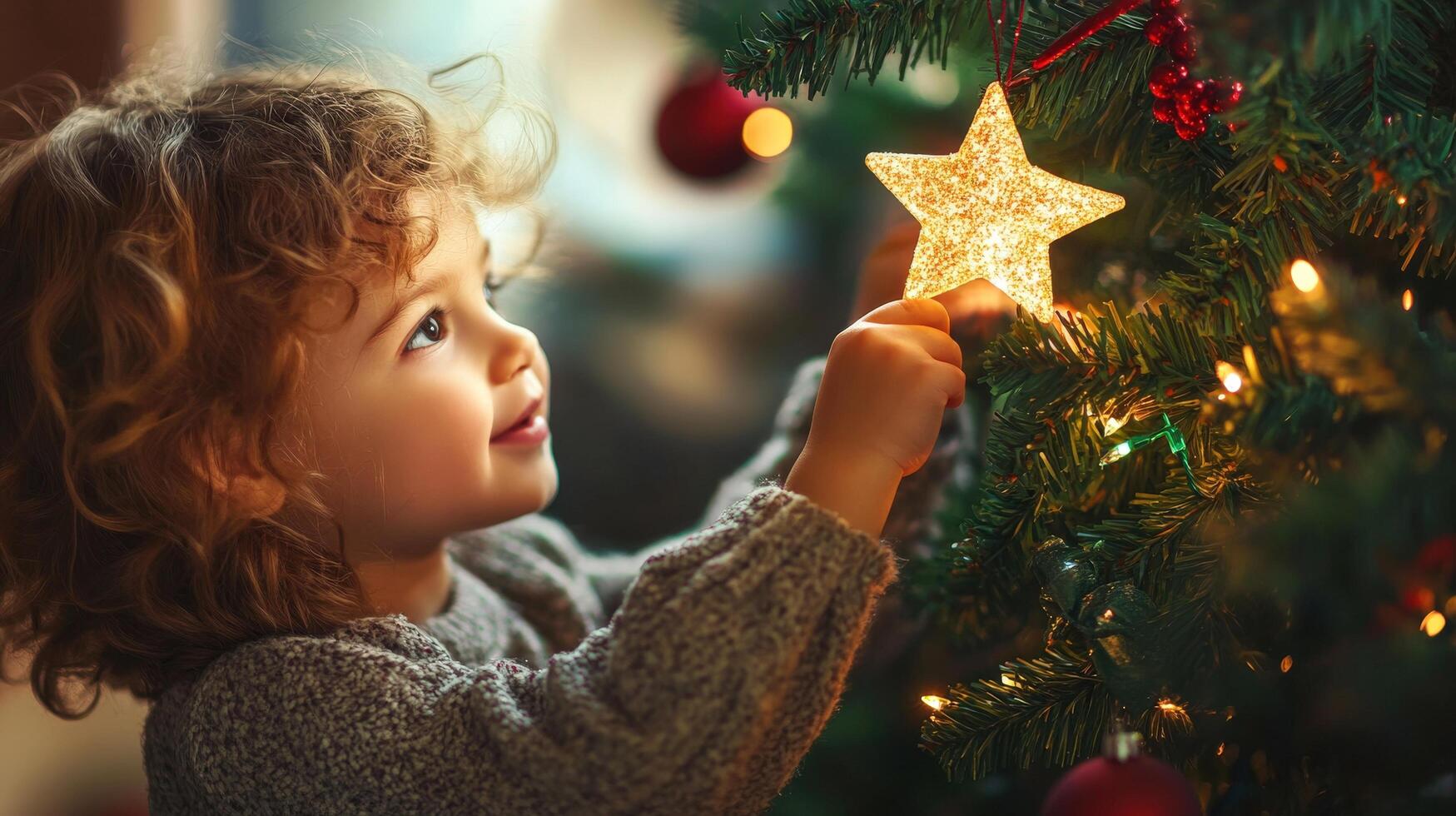 A toddler decorates a festive Christmas tree. photo