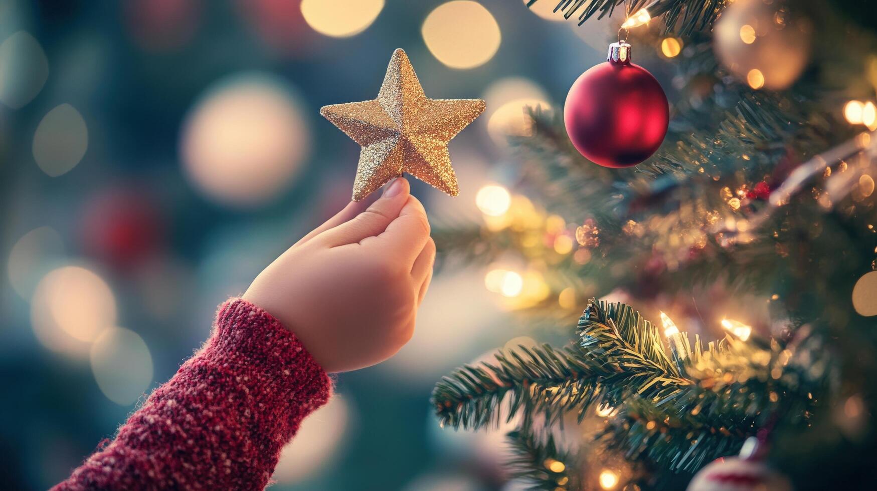 Child's hand placing a gold star ornament on a decorated Christmas tree. photo