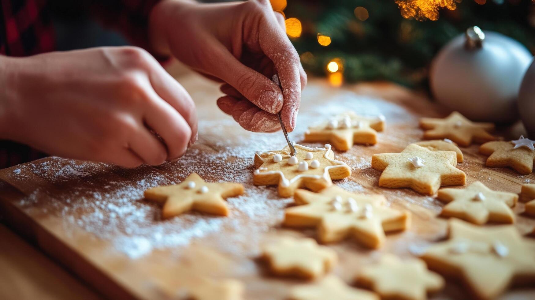 Festive cookies decorated by hands close-up. photo