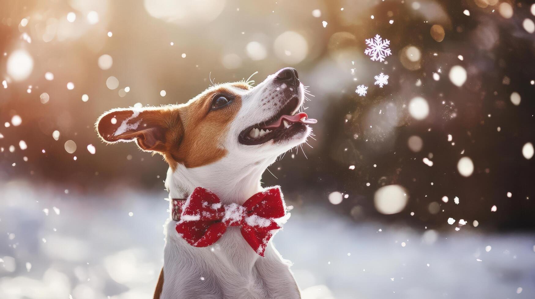 Festive dog in the snow, joyfully looking up. photo