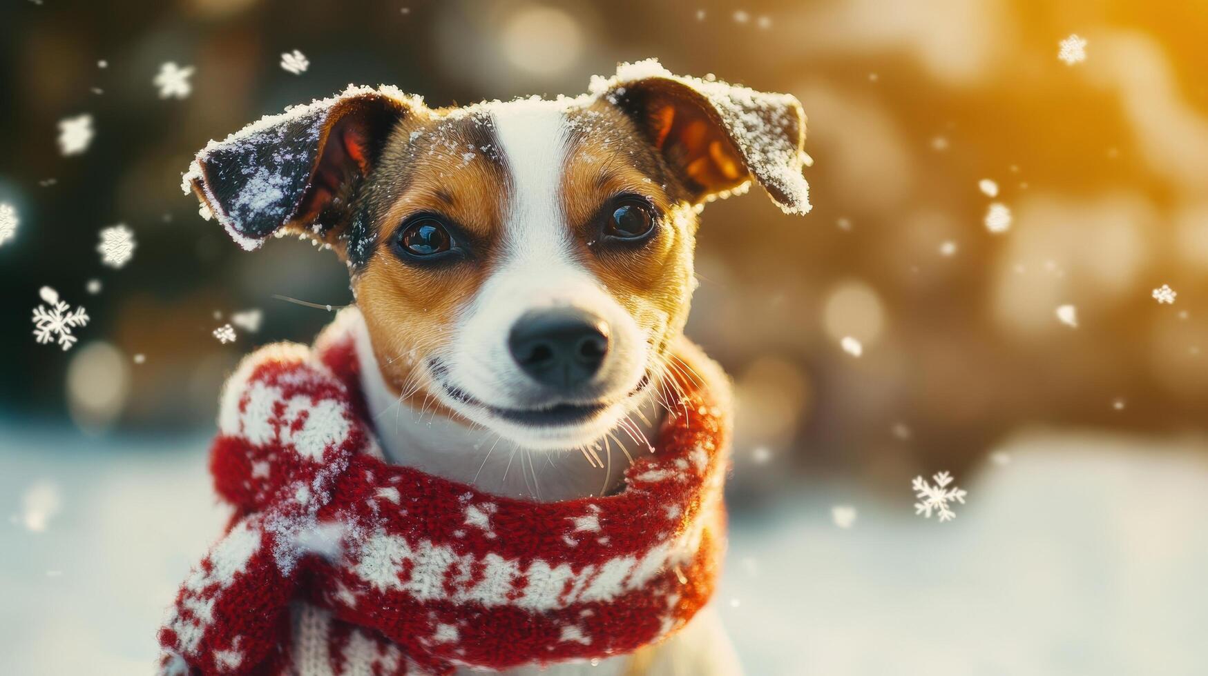 Adorable dog wearing scarf in winter snowfall. photo
