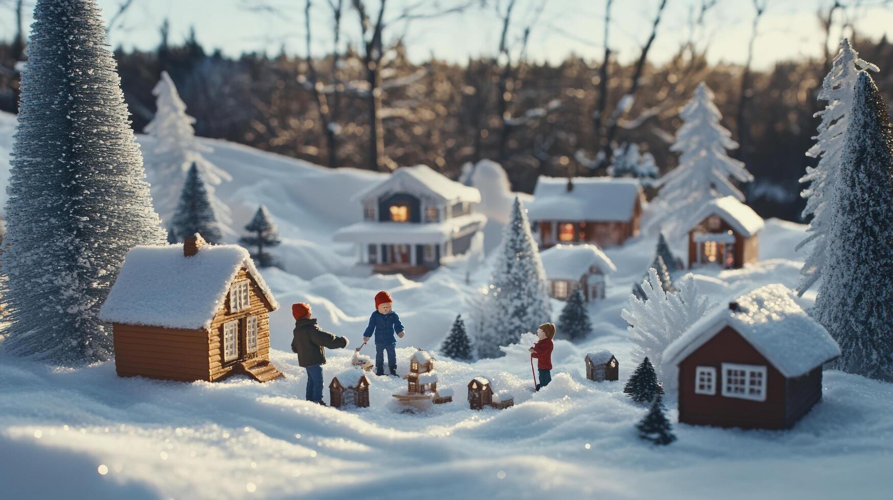 Miniature winter village scene with people enjoying the outdoors. photo